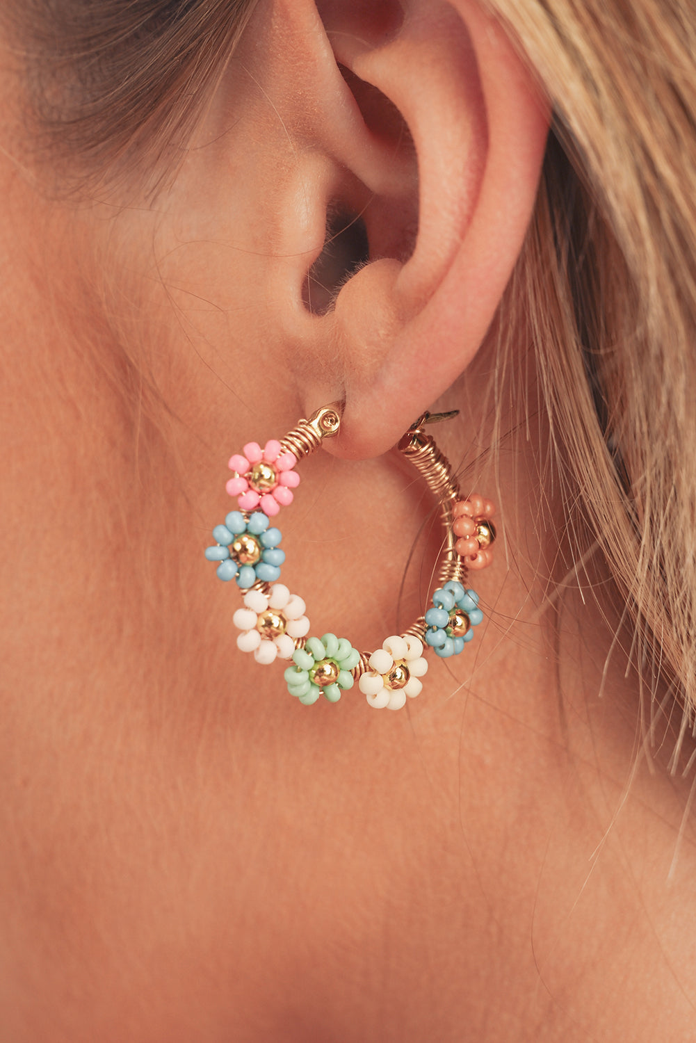 Threaded Pear Pink Colorful Flower Hoop Earrings