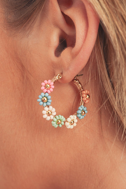 Threaded Pear Pink Colorful Flower Hoop Earrings
