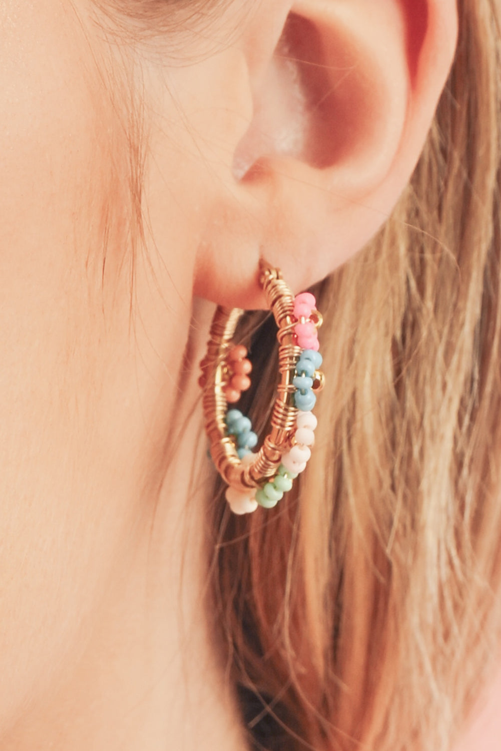Threaded Pear Pink Colorful Flower Hoop Earrings