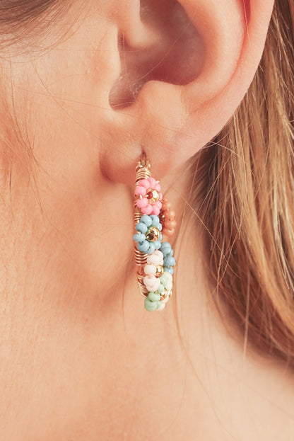 Threaded Pear Pink Colorful Flower Hoop Earrings