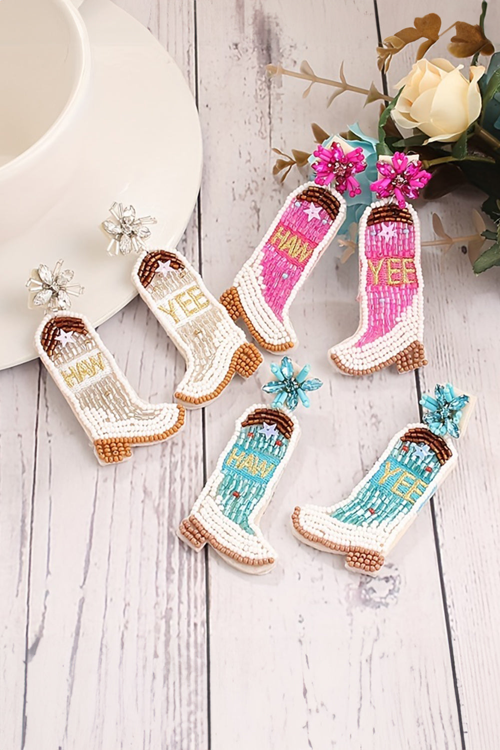 Cowboy Boots Bead Dangle Earrings - Threaded Pear