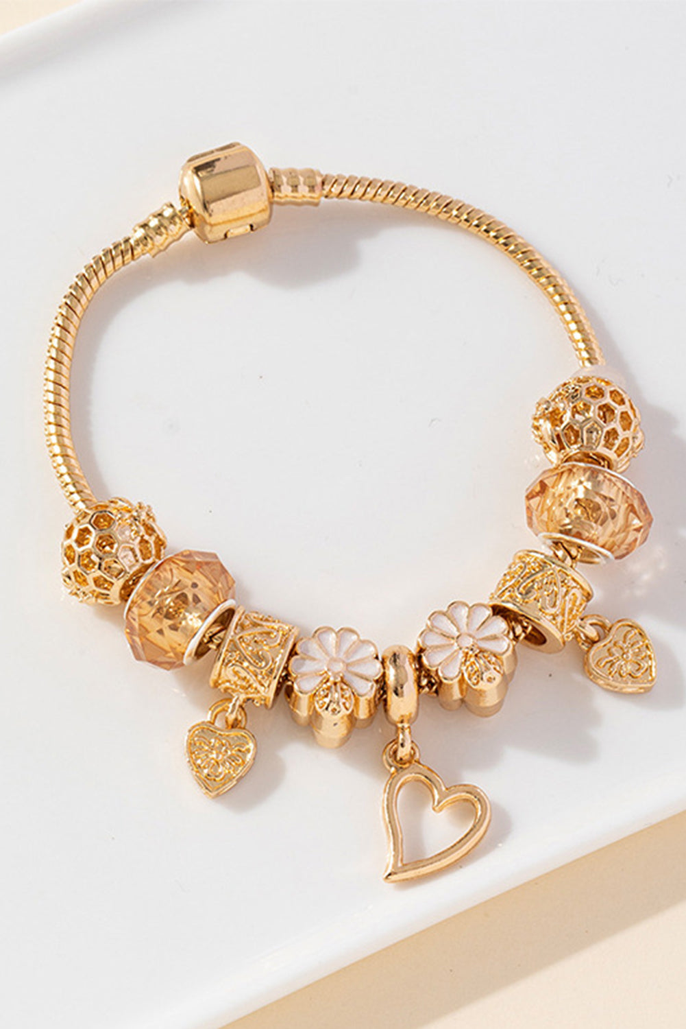 Threaded Pear Gold Flower Heart Charm Plated Alloy Bracelet