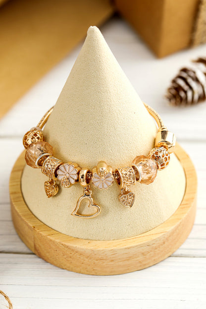 Threaded Pear Gold Flower Heart Charm Plated Alloy Bracelet