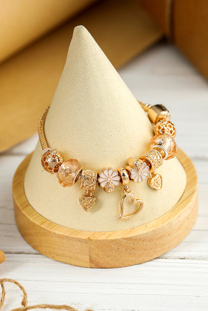 Threaded Pear Gold Flower Heart Charm Plated Alloy Bracelet
