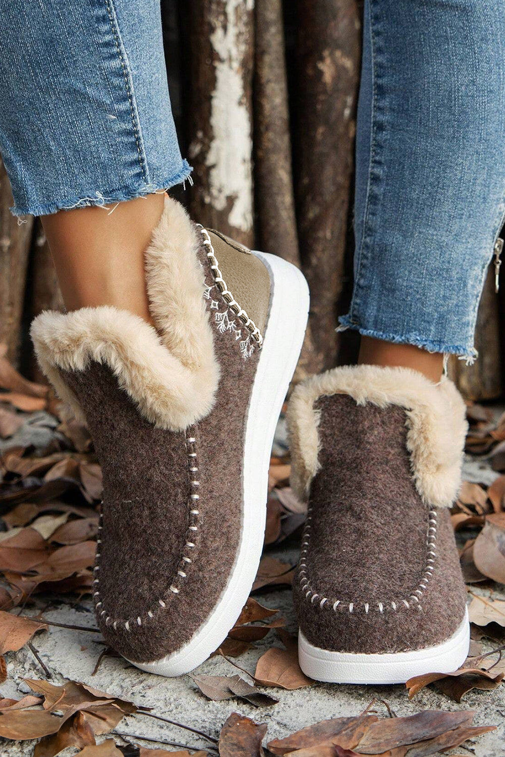 Threaded Pear Anna Suede Stitching Plush Lined Anklet Boots