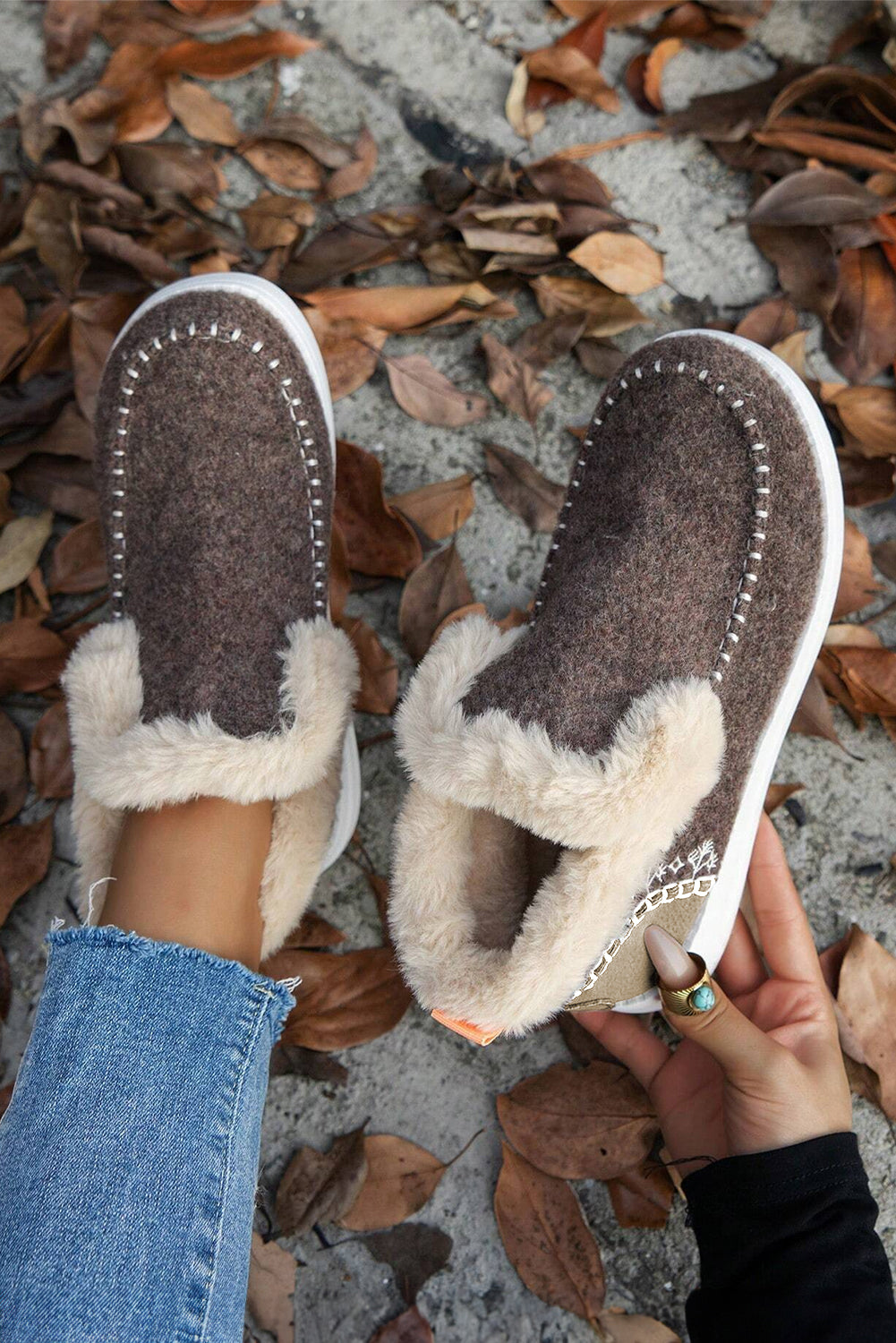 Threaded Pear Anna Suede Stitching Plush Lined Anklet Boots