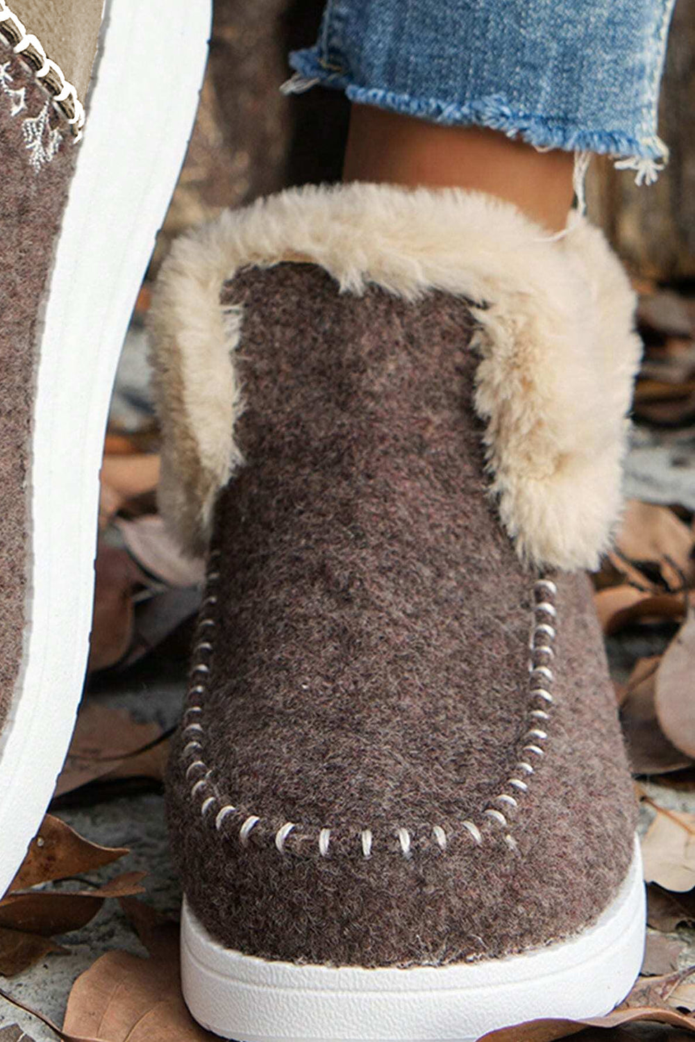 Threaded Pear Anna Suede Stitching Plush Lined Anklet Boots