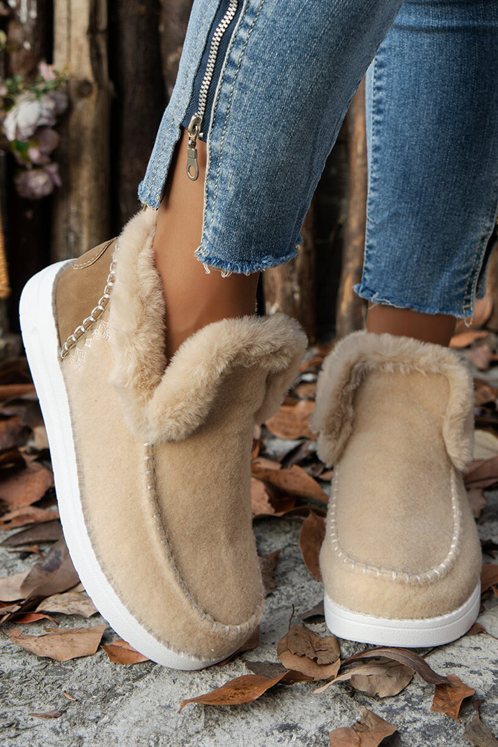 Threaded Pear Anna Suede Stitching Plush Lined Anklet Boots