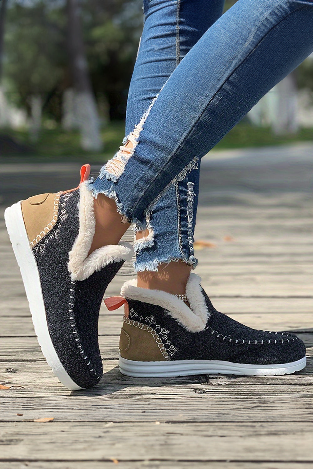 Threaded Pear Anna Suede Stitching Plush Lined Anklet Boots