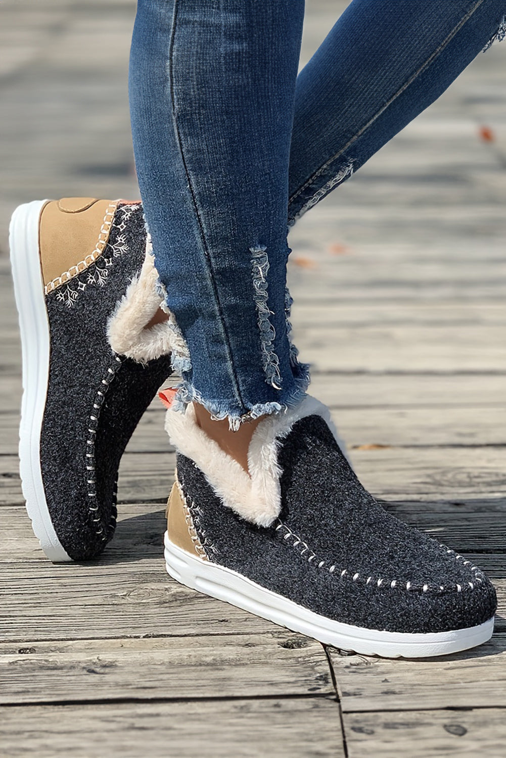 Threaded Pear Anna Suede Stitching Plush Lined Anklet Boots