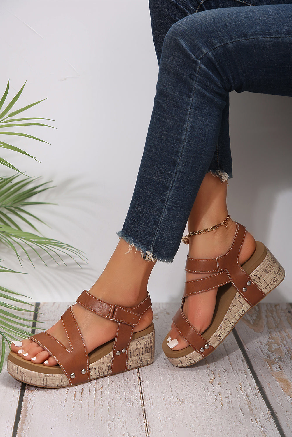 Threaded Pear Hollow Out Velcro Leather Wedge Sandals