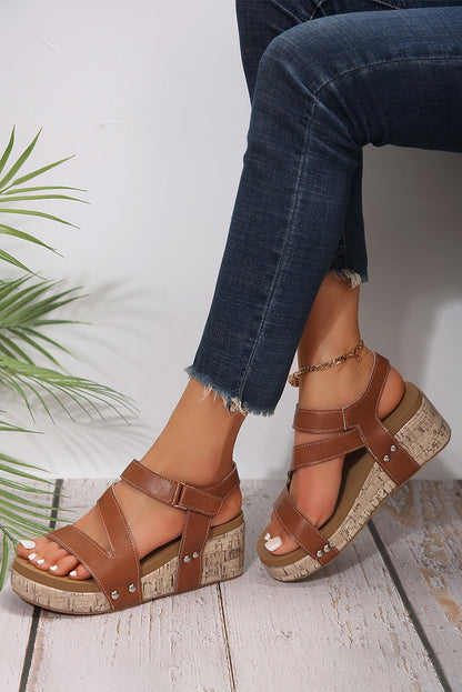Threaded Pear Hollow Out Velcro Leather Wedge Sandals