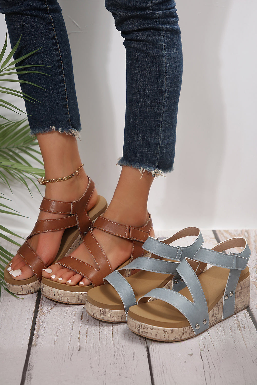 Threaded Pear Hollow Out Velcro Leather Wedge Sandals
