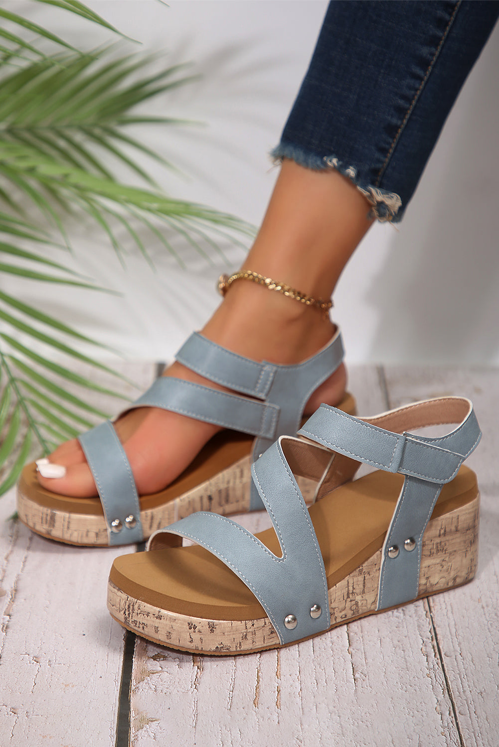 Threaded Pear Hollow Out Velcro Leather Wedge Sandals