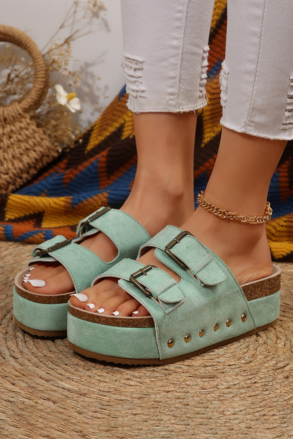 Threaded Pear Suede Buckle Decor Footbed Sandals