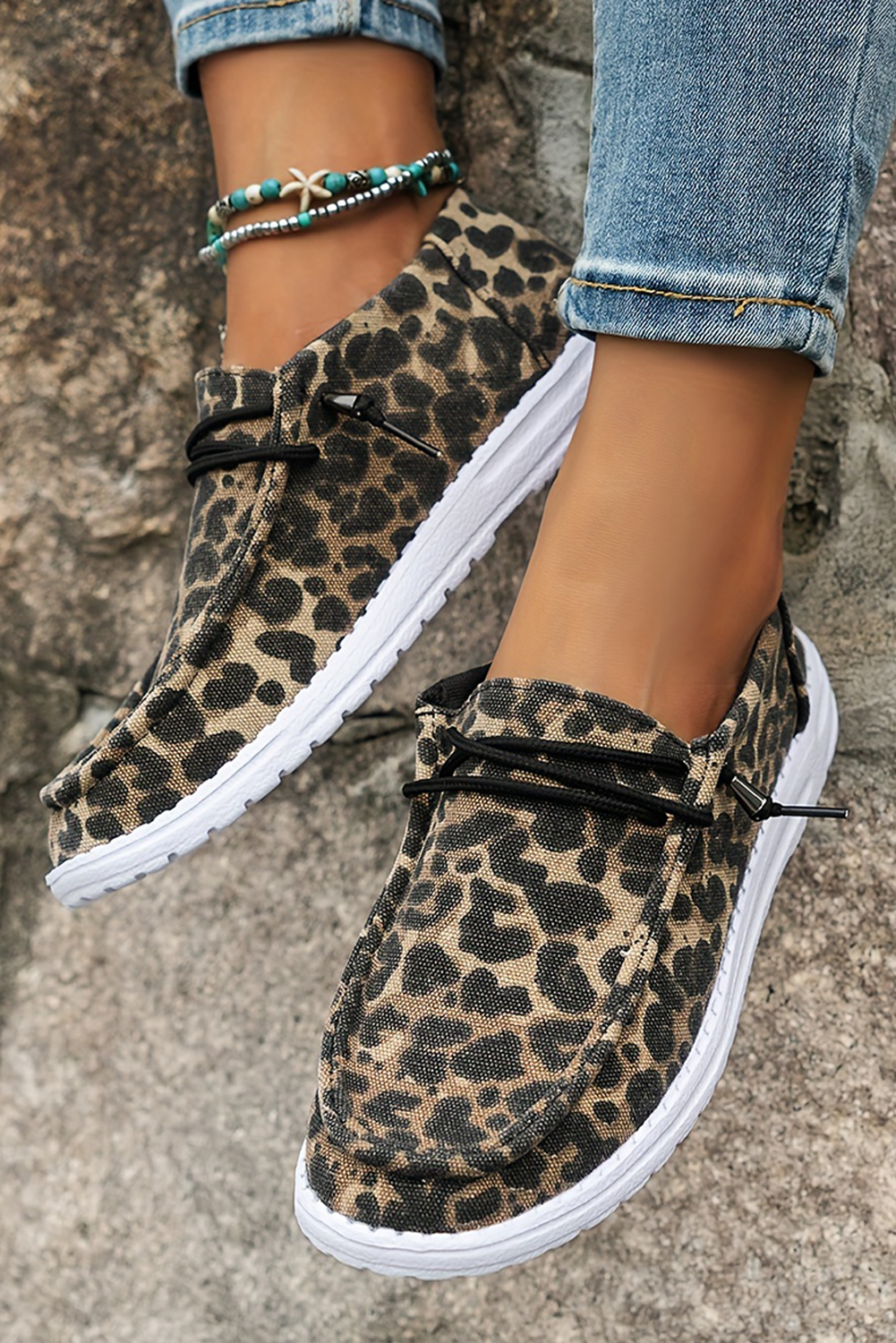 Threaded Pear Kira Lace-up Decor Leopard Canvas Shoes