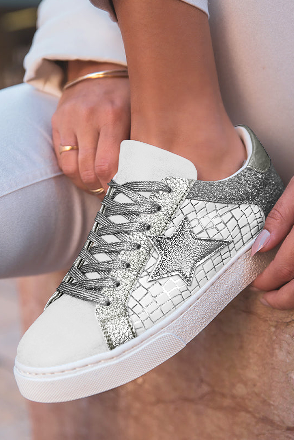 Threaded Pear Emi Glitter Star Lace-up Sneakers