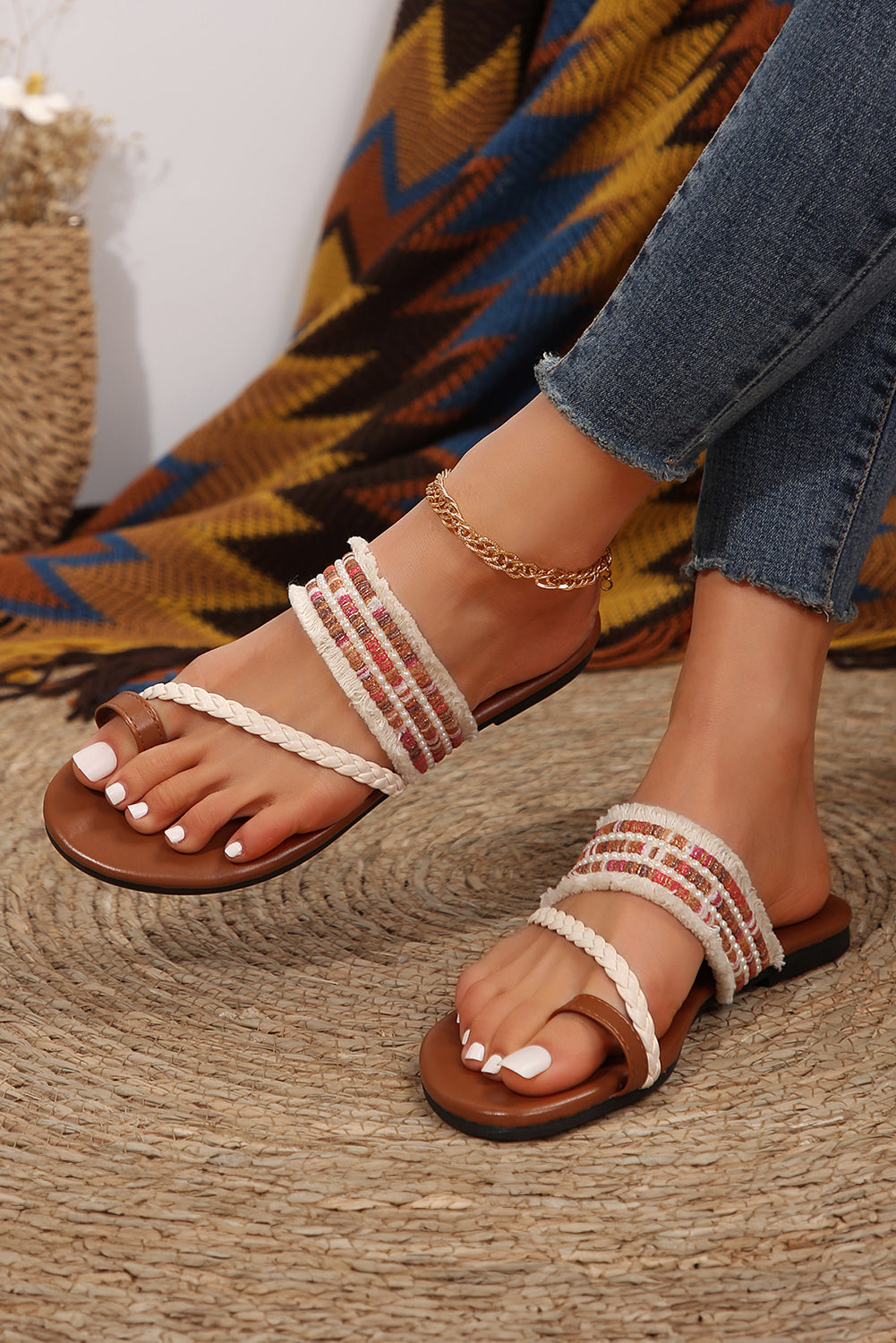 Threaded Pear Beaded Embroidered Braided Strap Thong Slippers