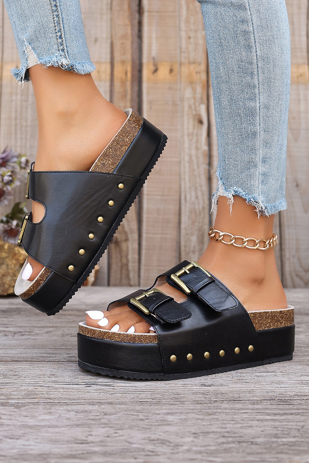 Threaded Pear Dual Buckle Studded Platform Sandal Slippers