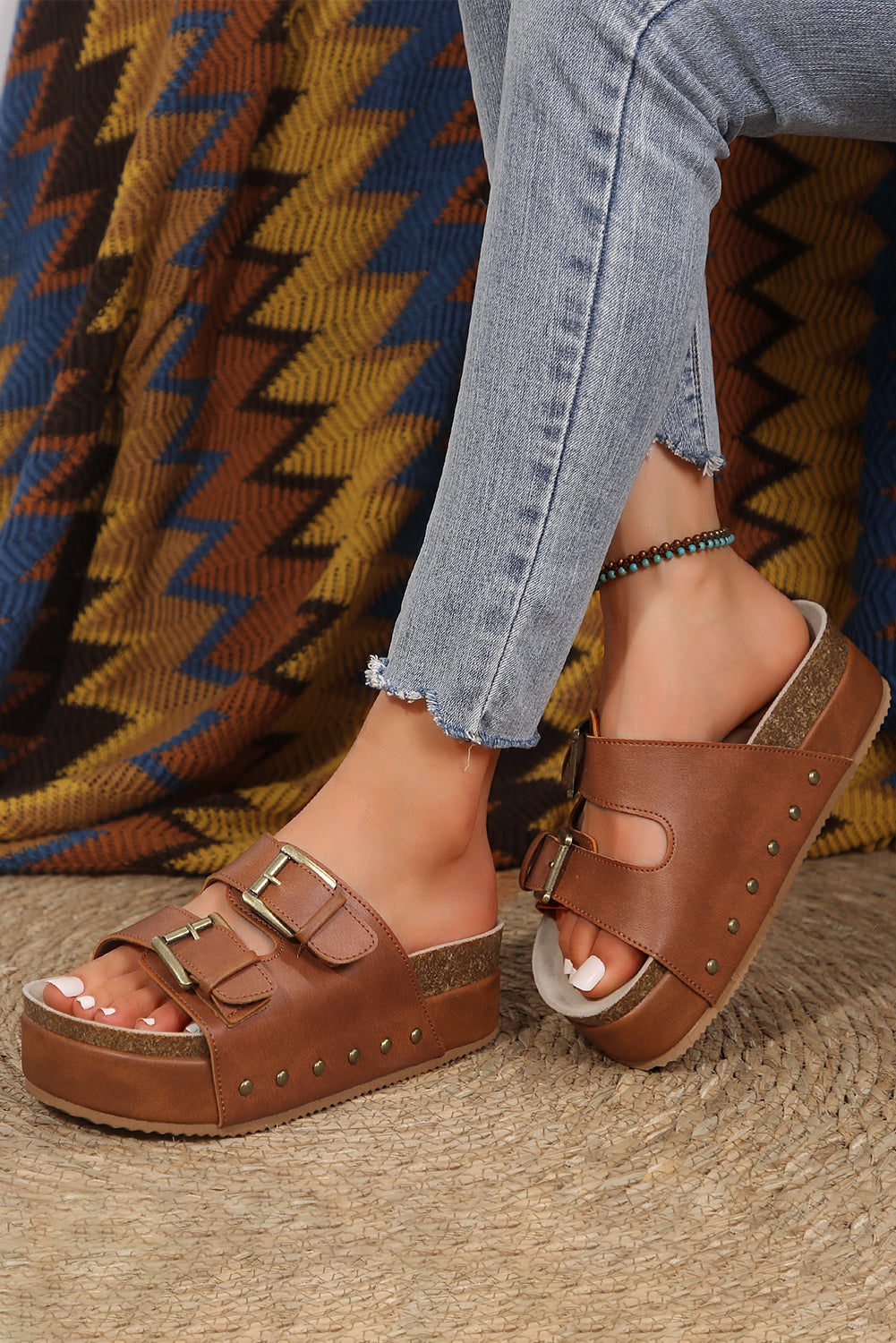 Threaded Pear Dual Buckle Studded Platform Sandal Slippers