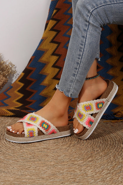 Threaded Pear Geometric Woven Crisscross Strap Platform Slippers
