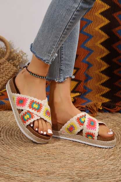 Threaded Pear Geometric Woven Crisscross Strap Platform Slippers