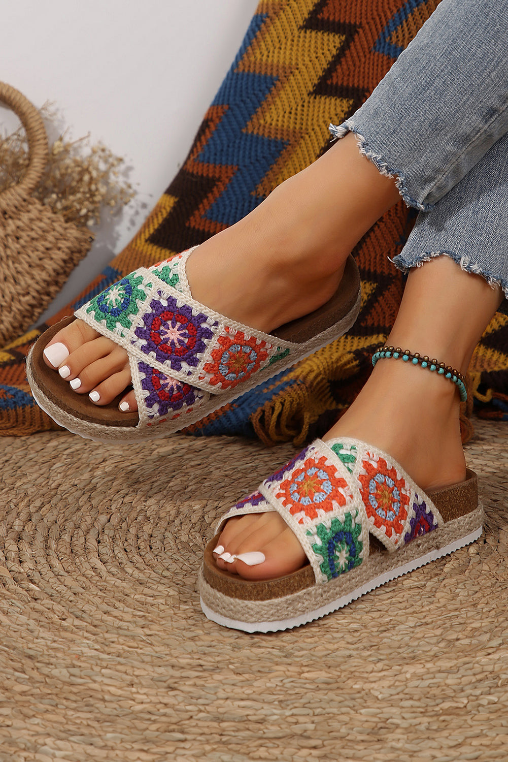 Threaded Pear Geometric Woven Crisscross Strap Platform Slippers