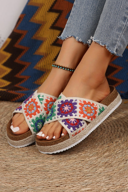 Threaded Pear Geometric Woven Crisscross Strap Platform Slippers