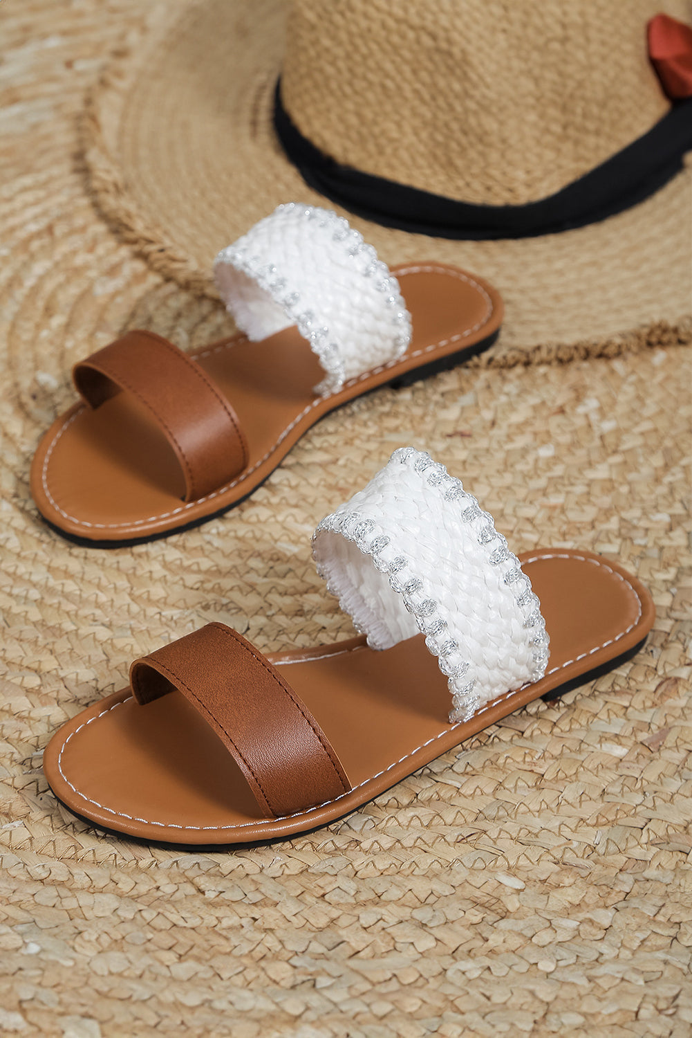 Threaded Pear Woven Strap Flat Slippers