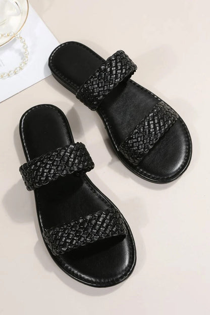 Threaded Pear Braided Double Band Leathered Flat Slippers