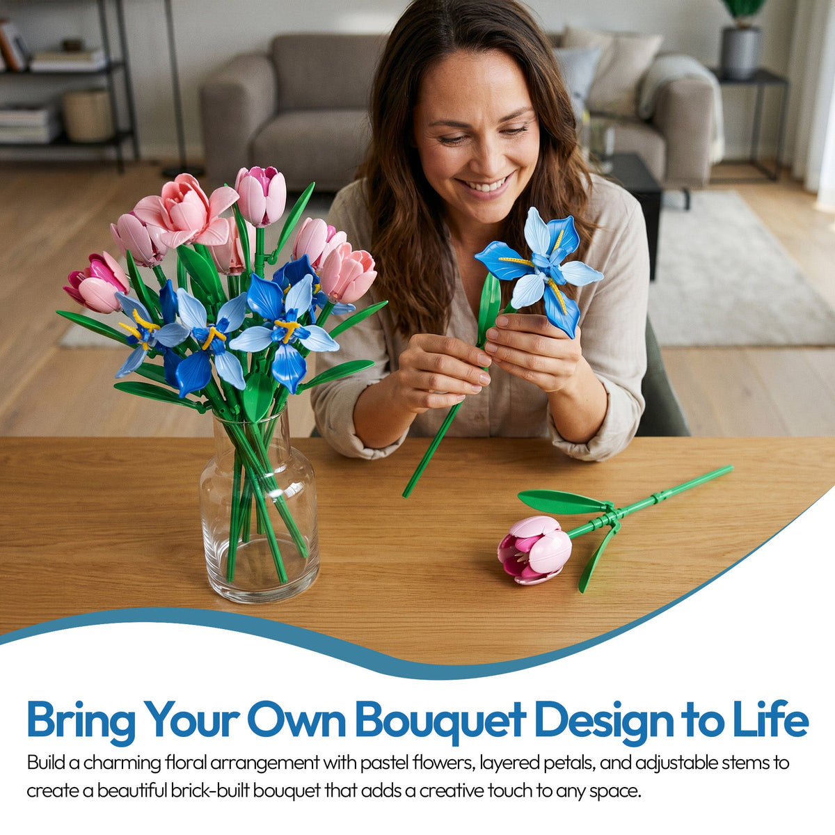 Contixo BK08 Buildable Flower Bouquet Set, 428-Piece Pink & Blue Flower Building Blocks Kit With Adjustable Stems, Creative Décor Gift for Ages 8+