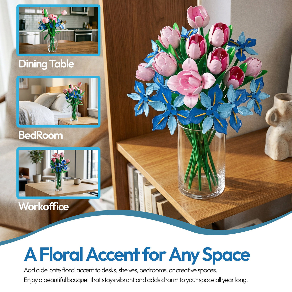 Contixo BK08 Buildable Flower Bouquet Set, 428-Piece Pink & Blue Flower Building Blocks Kit With Adjustable Stems, Creative Décor Gift for Ages 8+