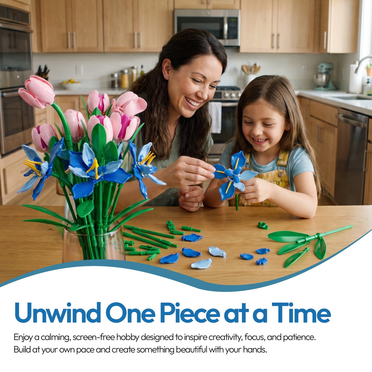 Contixo BK08 Buildable Flower Bouquet Set, 428-Piece Pink & Blue Flower Building Blocks Kit With Adjustable Stems, Creative Décor Gift for Ages 8+