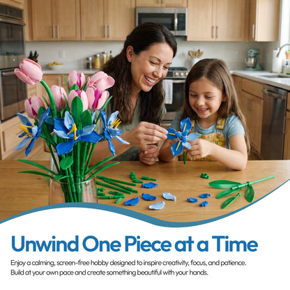 Contixo BK08 Buildable Flower Bouquet Set, 428-Piece Pink & Blue Flower Building Blocks Kit With Adjustable Stems, Creative Décor Gift for Ages 8+