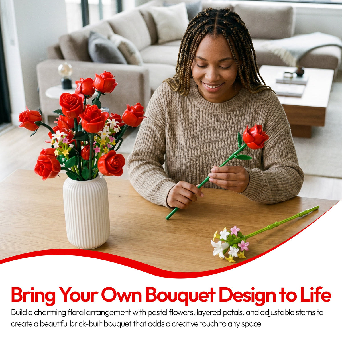 Contixo BK09 Rose Bouquet Set, 789-Piece Red Rose Flower Building Blocks Kit With Adjustable Stems, Romantic Gift & Home Décor for Ages 8+