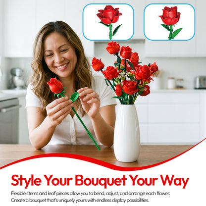 Contixo BK09 Rose Bouquet Set, 789-Piece Red Rose Flower Building Blocks Kit With Adjustable Stems, Romantic Gift & Home Décor for Ages 8+