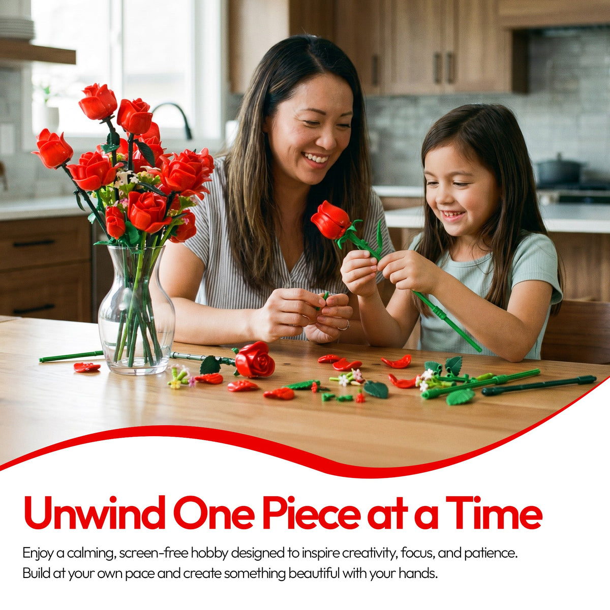 Contixo BK09 Rose Bouquet Set, 789-Piece Red Rose Flower Building Blocks Kit With Adjustable Stems, Romantic Gift & Home Décor for Ages 8+