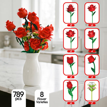 Contixo BK09 Rose Bouquet Set, 789-Piece Red Rose Flower Building Blocks Kit With Adjustable Stems, Romantic Gift & Home Décor for Ages 8+
