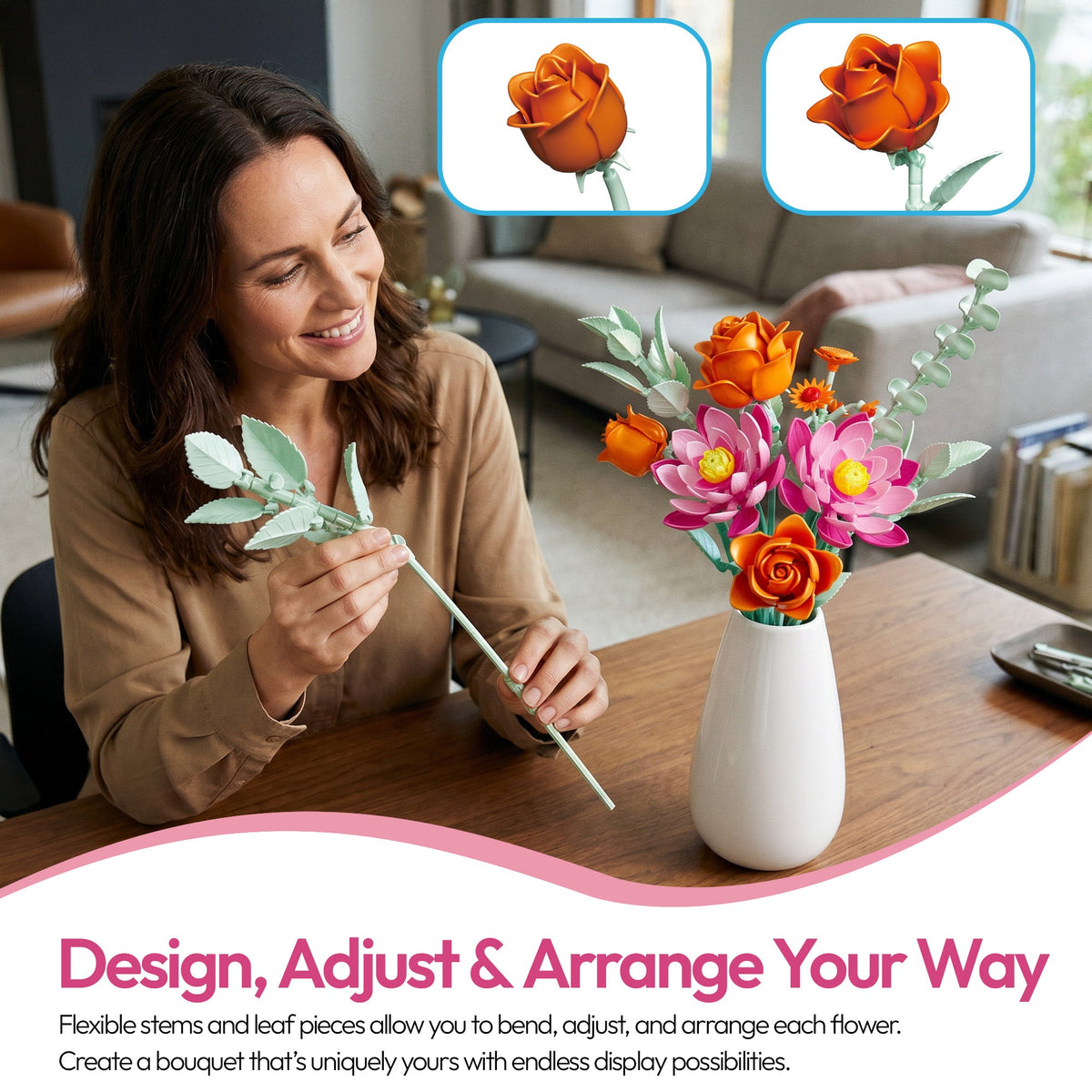 Contixo Flower Bouquet Building Set BK10, 360-Piece Floral Brick Kit With Adjustable Stems, DIY Home Décor Gift for Kids, Teens & Adults Ages 8+