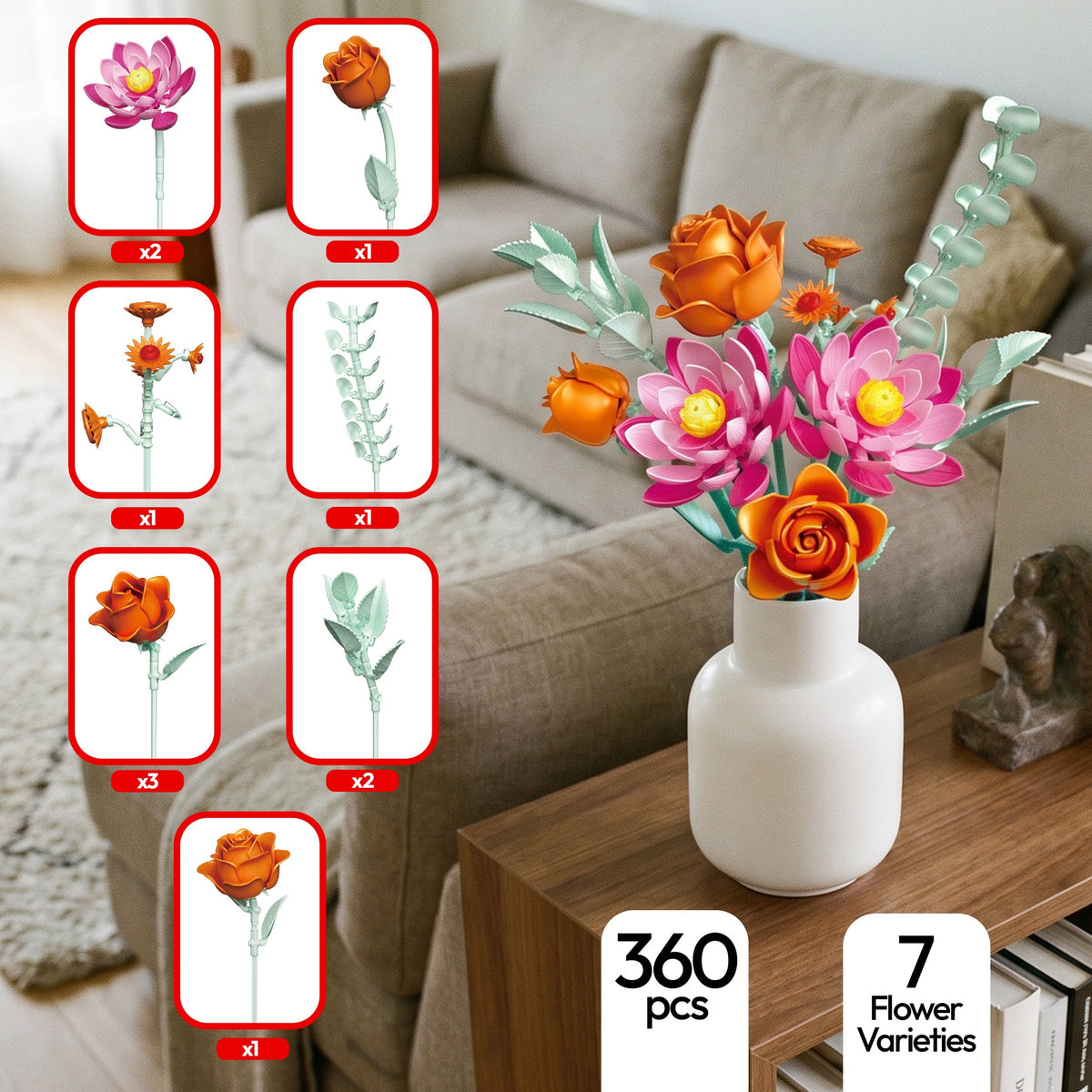Contixo Flower Bouquet Building Set BK10, 360-Piece Floral Brick Kit With Adjustable Stems, DIY Home Décor Gift for Kids, Teens & Adults Ages 8+