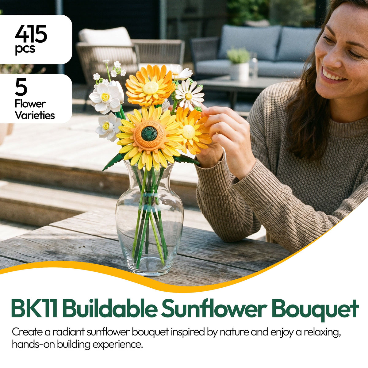 Contixo Sunflower Flower Building Set BK11, 415-Piece Building Block Bouquet With Adjustable Stems, Home Décor STEM Toy Gift for Kids 8+, Teens & Adults