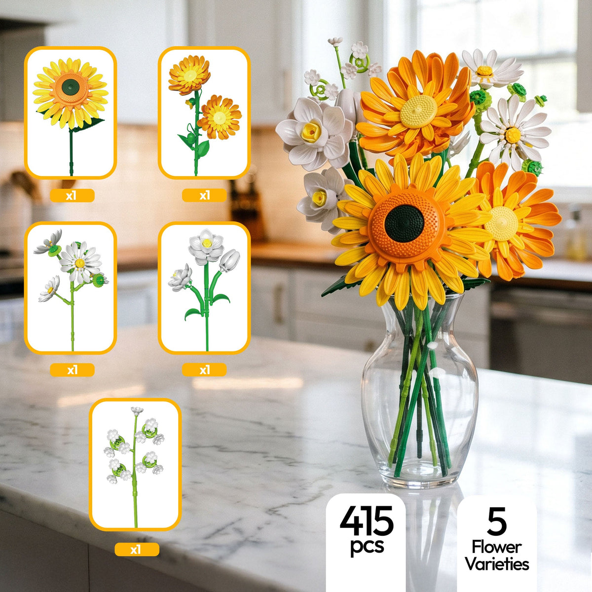 Contixo Sunflower Flower Building Set BK11, 415-Piece Building Block Bouquet With Adjustable Stems, Home Décor STEM Toy Gift for Kids 8+, Teens & Adults