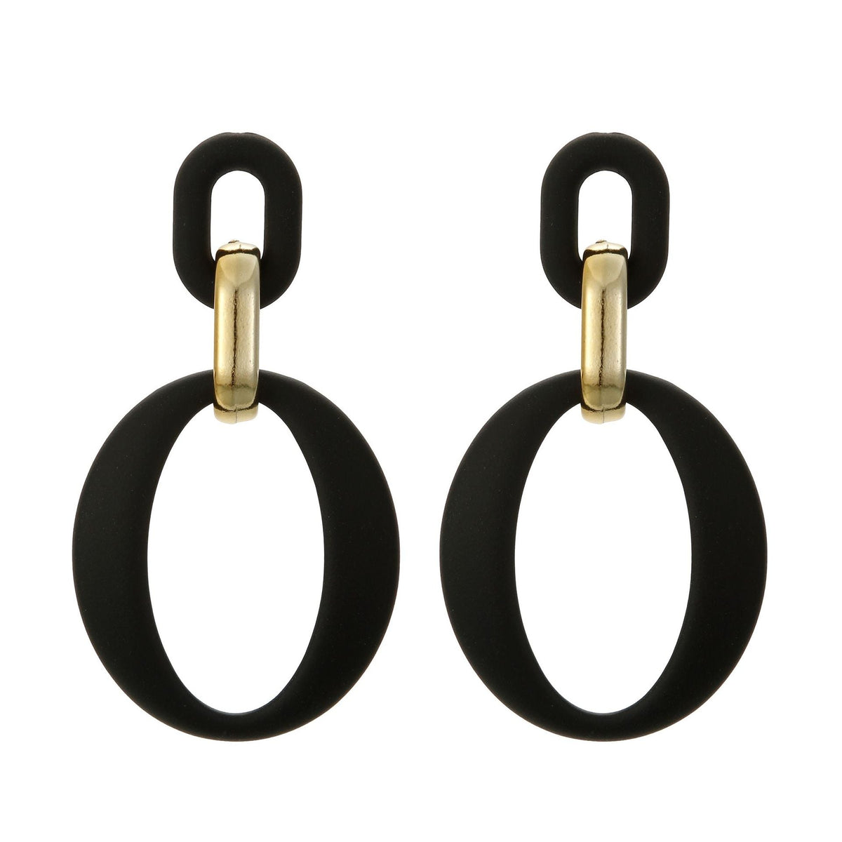 Black Enamel & Goldtone Openwork Oval Drop Earrings