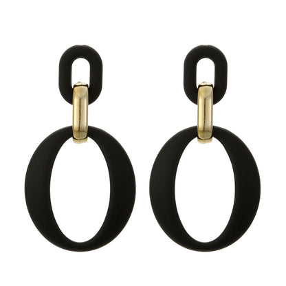 Black Enamel & Goldtone Openwork Oval Drop Earrings