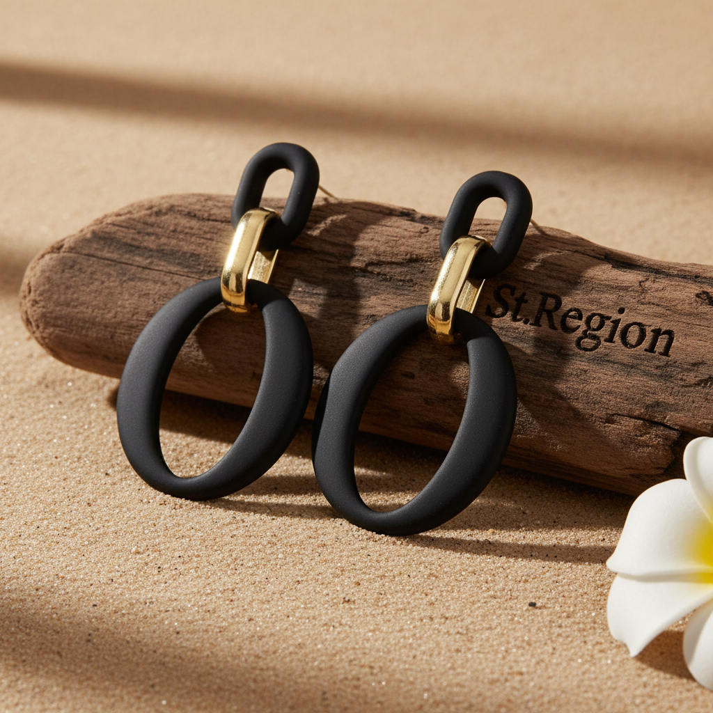 Black Enamel & Goldtone Openwork Oval Drop Earrings
