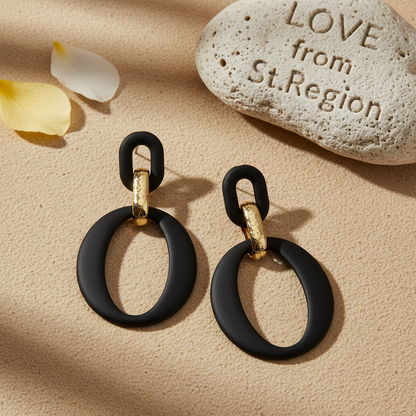 Black Enamel & Goldtone Openwork Oval Drop Earrings