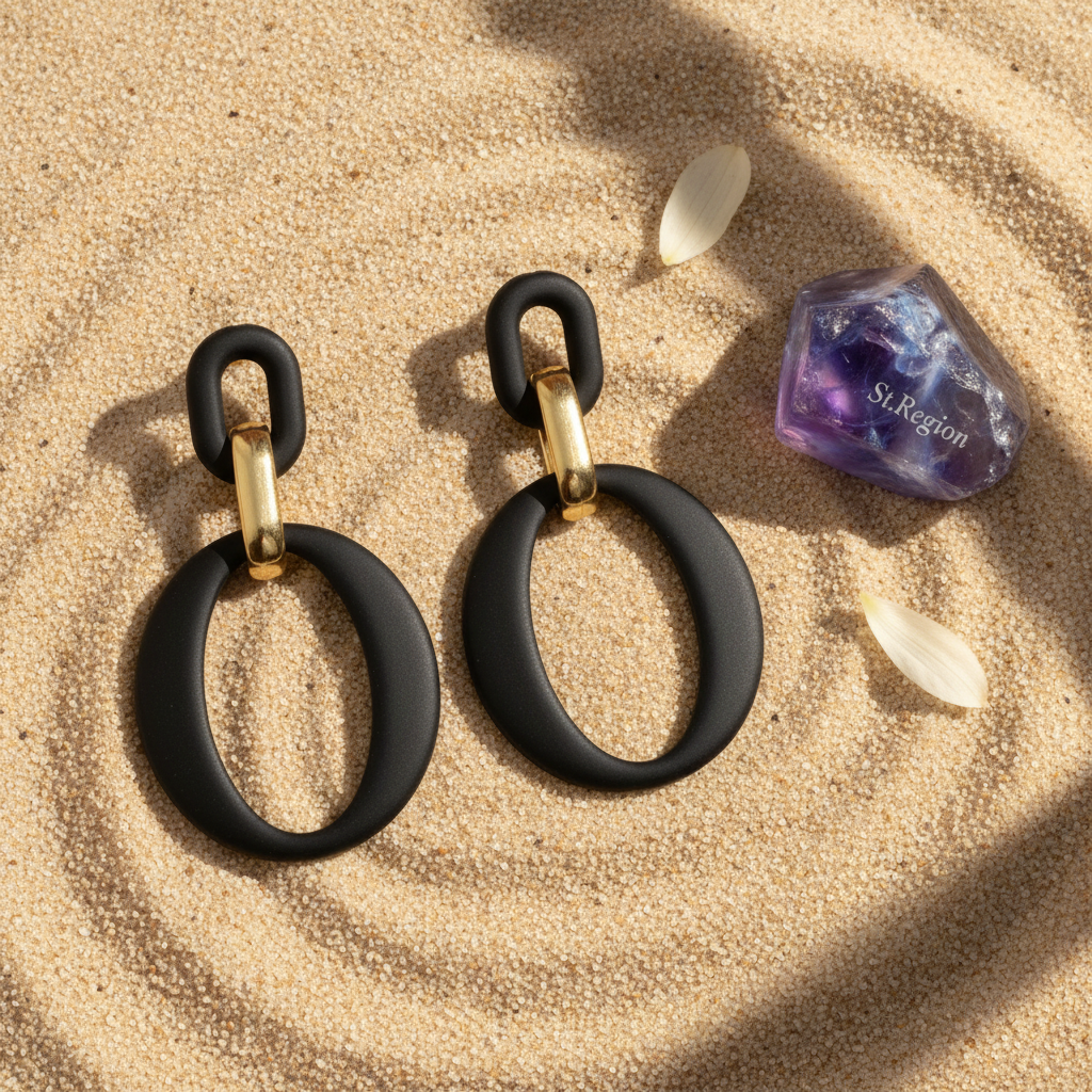 Black Enamel & Goldtone Openwork Oval Drop Earrings