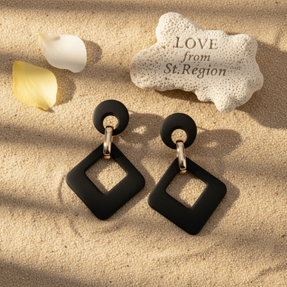 Black Enamel & Goldtone Open Rhombus Drop Earrings