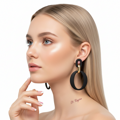 Black Enamel & Goldtone Openwork Oval Drop Earrings