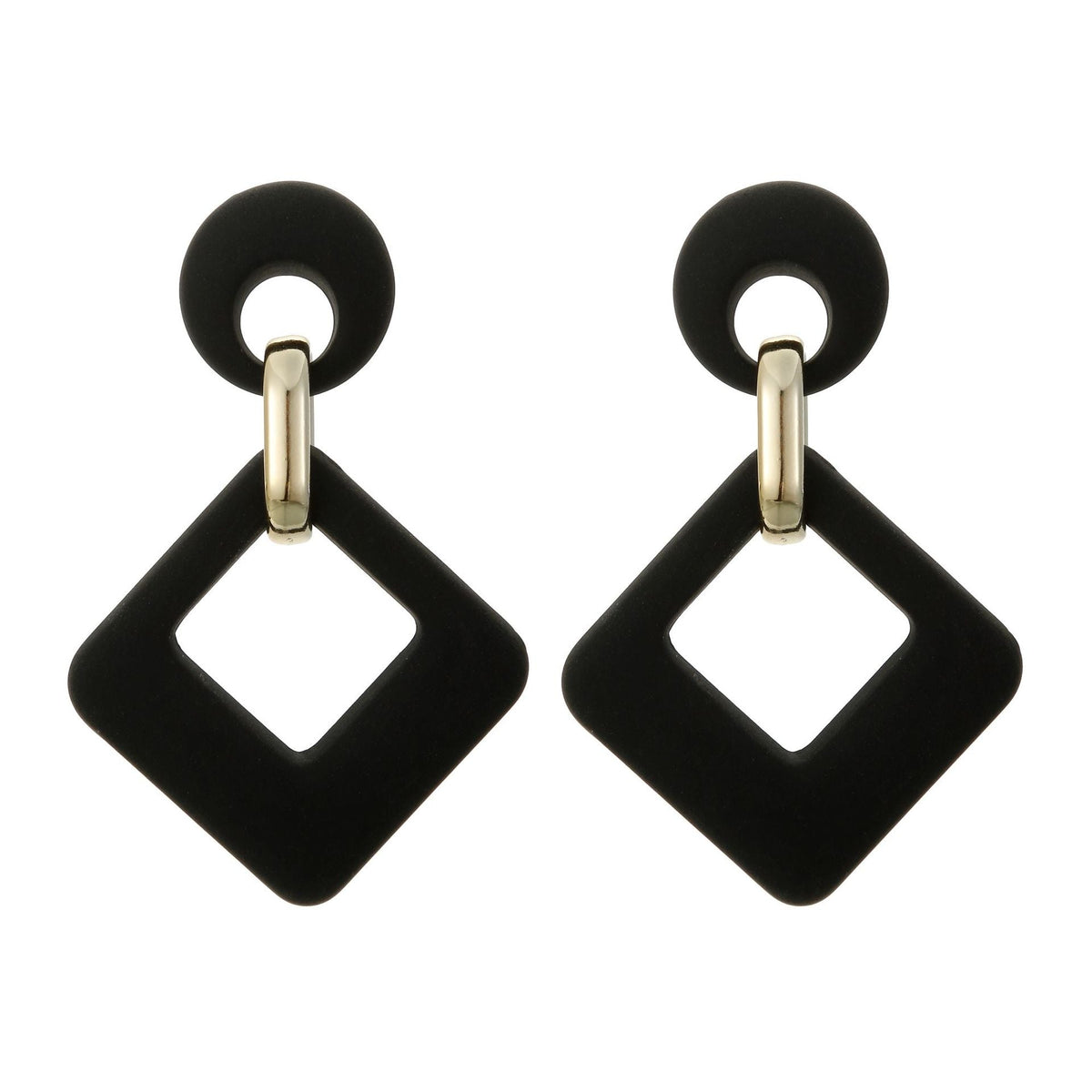Black Enamel & Goldtone Open Rhombus Drop Earrings